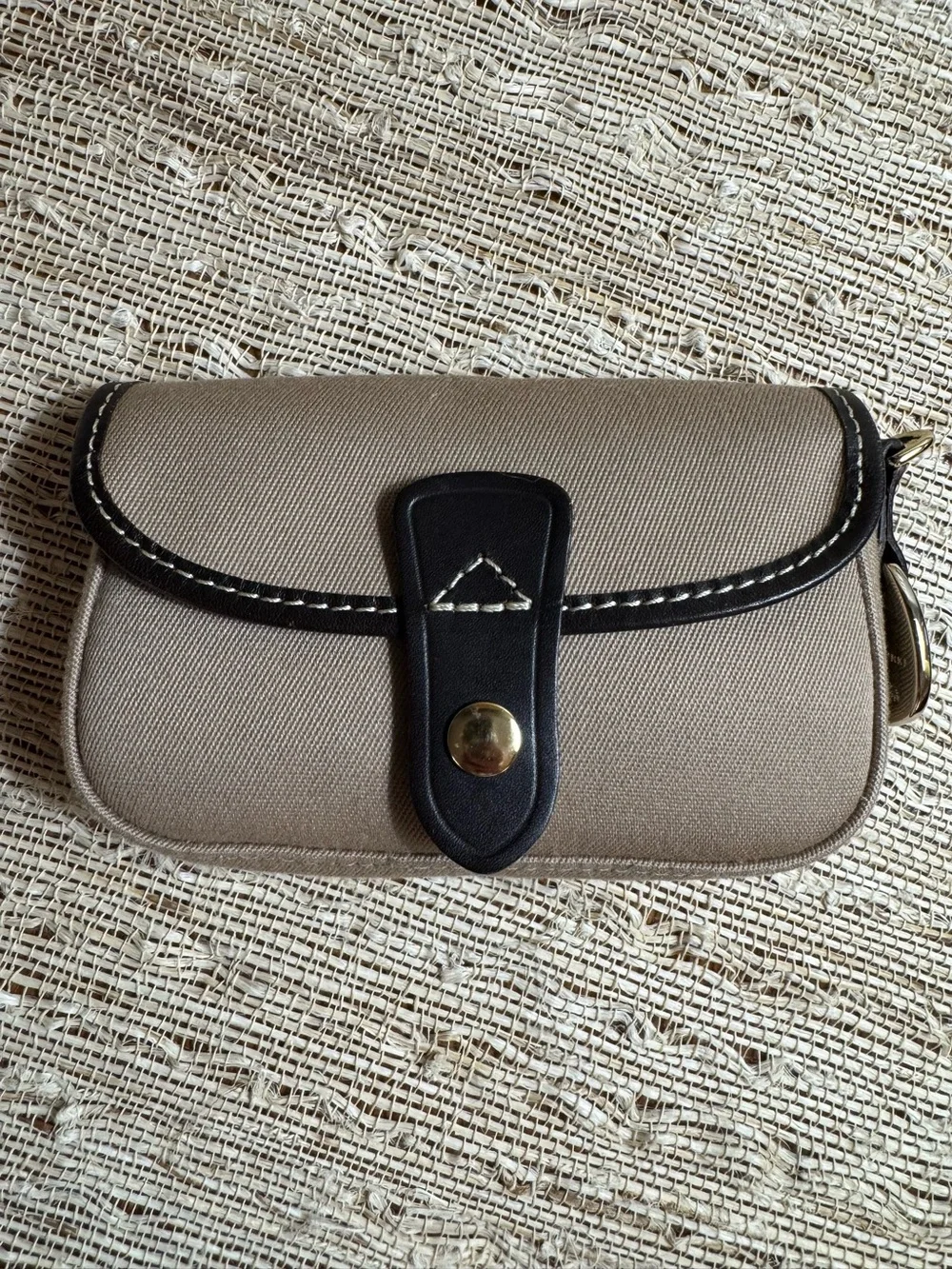 Dooney & Bourke Tan Twill Canvas Flap Wristlet Dark Brown Leather Trim
